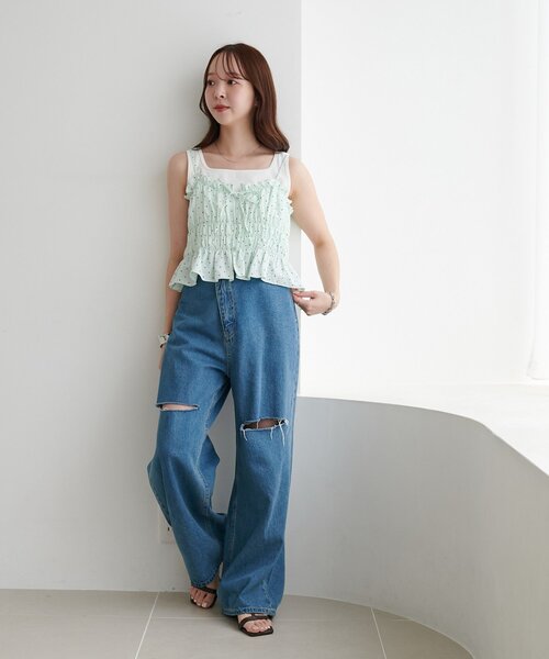 DISCOAT(ディスコート)の「ドット柄シャーリングキャミ(キャミソール・レディース・ミント/オフホワイト/ブラック・FREE)」の14枚目の写真