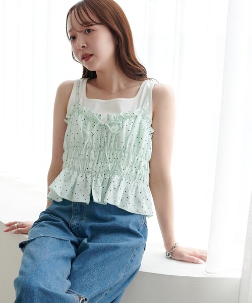 DISCOAT(ディスコート)の「ドット柄シャーリングキャミ(キャミソール・レディース・ミント/オフホワイト/ブラック・FREE)」の15枚目の写真