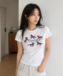 アラウンドホースプリントスリムフィット半袖Tシャツアイボリー