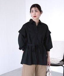 ウエストリボン付き袖デザインシャツ