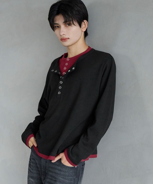 SERACE(セラス)の「【SERACE】Layered style henley neck long sleeve T-shirt / レイヤードスタイルヘンリーネックロンT(Tシャツ/カットソー・メンズ・ダークグレー/ブラック×グレー/グレー×ホワイト・S/L/M)」の14枚目の写真