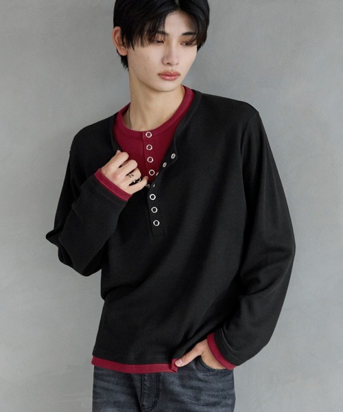 SERACE(セラス)の「【SERACE】Layered style henley neck long sleeve T-shirt / レイヤードスタイルヘンリーネックロンT(Tシャツ/カットソー・メンズ・ダークグレー/ブラック×グレー/グレー×ホワイト・S/L/M)」の15枚目の写真