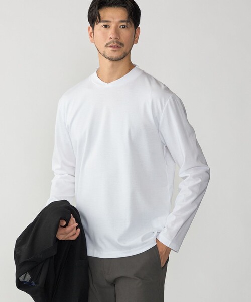 SHIPS(シップス)の「【WEB限定】SHIPS:〈接触冷感/手洗い可能〉100/2 クロスネック ビズ ロングスリーブ Tシャツ(Tシャツ/カットソー・メンズ・ホワイト/ネイビー/ブラック/チャコールグレー・SMALL/X-LARGE/MEDIUM/LARGE)」の1枚目の写真
