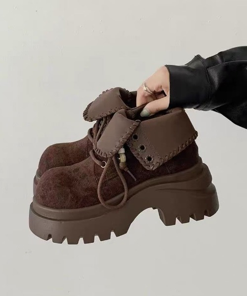 Teem Store(チームストア)の「厚底レースアップショートブーツ(ブーツ・レディース・グレー/ブラウン・M/S/L)」の2枚目の写真
