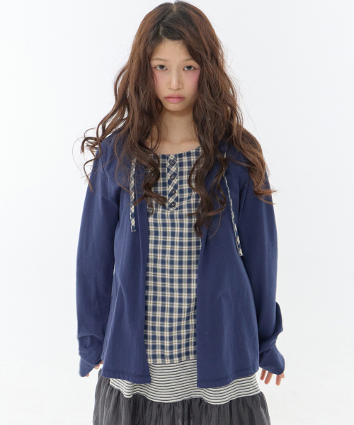 EXPIRED GIRL(エクスパイアードガール)の「コージー チェック レイヤード トップ ネイビー(Tシャツ/カットソー・レディース・その他・FREE)」の1枚目の写真