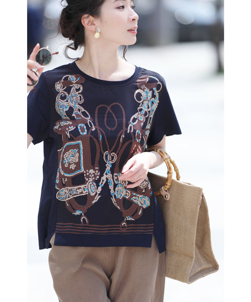 Cawaii カワイイ の エレガントな雰囲気 ロープ編みスカーフ柄tシャツ ネイビー Tシャツ カットソー Wear