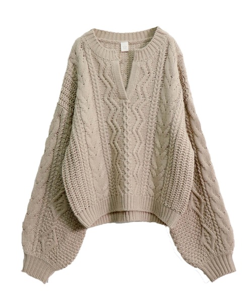 HER CLOSET(ハークローゼット)の「【HERCLOSET】ケーブル編みボリュームスリーブキーネックニット(ニット/セーター・レディース・ベージュ/アイボリー/ミント・M)」の14枚目の写真