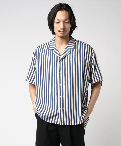 KUROクロ　RAYON STRIPE SHIRT  レーヨンストライプシャツ KURO（クロ）の「【KURO クロ】INDIGO STRIPE RAYON BIG SHIRT