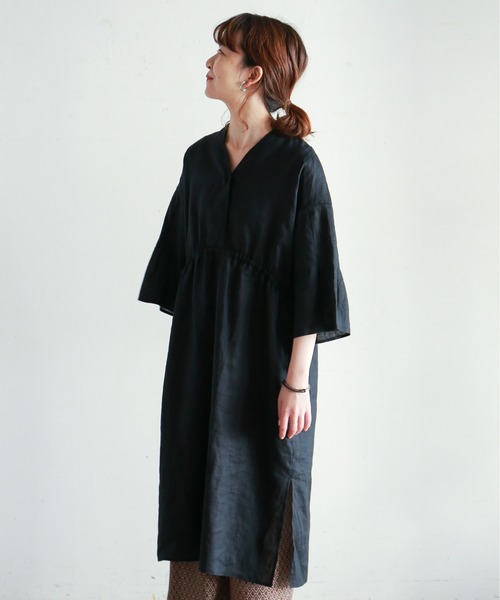 ブラックリネン ワンピース ドレス 6分袖ワンピース ワンピース Nombre Impair ノンブルアンペール のワンピース ブラックリネン Impair ノンブルアンペール のファッション Nombre 人気ブランドをの