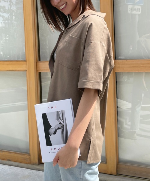 Meli rich（メリーリッチ）の「ポケット付き。ゆったりリネンオープンカラーシャツ（シャツ/ブラウス・レディース・ブラック/ベージュ/ライトグリーン/モカ/ナチュラル/ブラウン/カーキ/アイボリー/ブラック系・MEDIUM）」の15枚目の写真