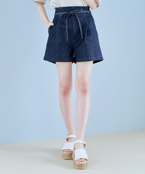 OLIVE des OLIVE（オリーブデオリーブ）の「リボン付きハイウエストショートパンツ（その他パンツ・レディース・ブルー/ワンウォッシュ/ダークベージュ・FREE）」の3枚目の写真