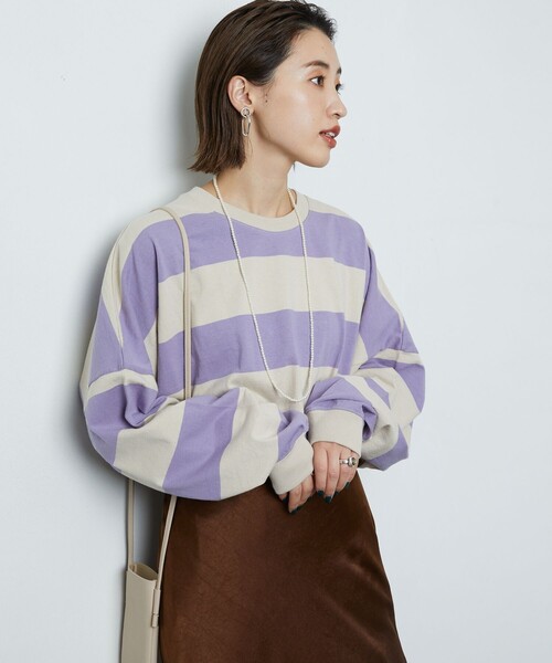 FREAK'S STORE（フリークスストア）の「▽【WEB限定】ワイドボーダーTシャツ（Tシャツ/カットソー・レディース・ブラック×パープル/ライトグレー系/グリーン系その他/ブラック×ホワイト/ブラック×ベージュ/ブルー/ブラウン/ラベンダー・ﾌﾘ-）」の8枚目の写真