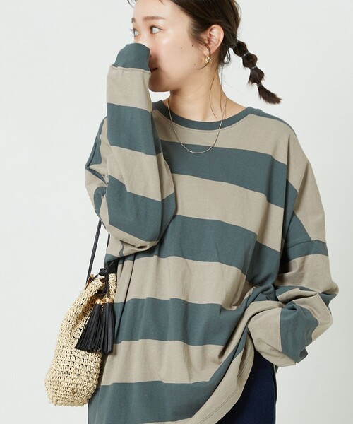 FREAK'S STORE（フリークスストア）の「▽【WEB限定】ワイドボーダーTシャツ（Tシャツ/カットソー・レディース・ブラック×パープル/ライトグレー系/グリーン系その他/ブラック×ホワイト/ブラック×ベージュ/ブルー/ブラウン/ラベンダー・ﾌﾘ-）」の6枚目の写真