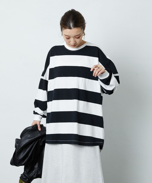 FREAK'S STORE（フリークスストア）の「▽【WEB限定】ワイドボーダーTシャツ（Tシャツ/カットソー・レディース・ブラック×パープル/ライトグレー系/グリーン系その他/ブラック×ホワイト/ブラック×ベージュ/ブルー/ブラウン/ラベンダー・ﾌﾘ-）」の12枚目の写真