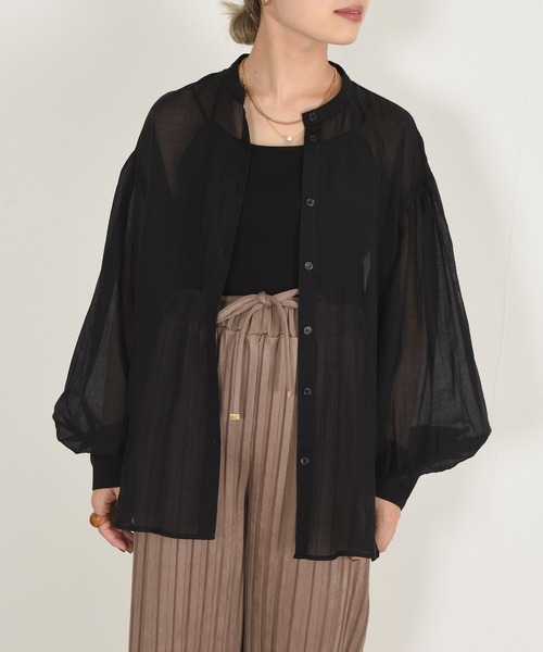w closet(ダブルクローゼット)の「バンドカラーシアーシャツ(シャツ/ブラウス・レディース・ブラック/ベージュ/アイボリー・FREE)」の2枚目の写真