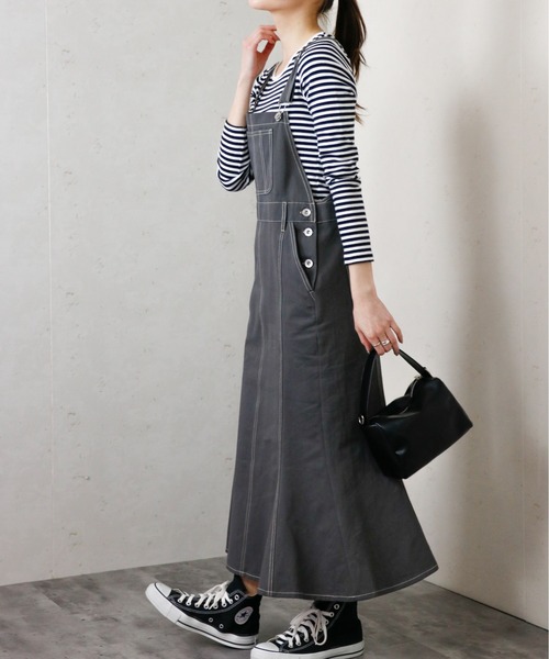 Per sist ence(パーシエンス)の「Per sist ence/パーシエンス ツイル&デニムマーメイドジャンパースカート(ジャンパースカート・レディース・アイボリー/ダークインディゴブルー/ベージュ/インディゴブルー/カーキ/グレー・FREE)」の3枚目の写真