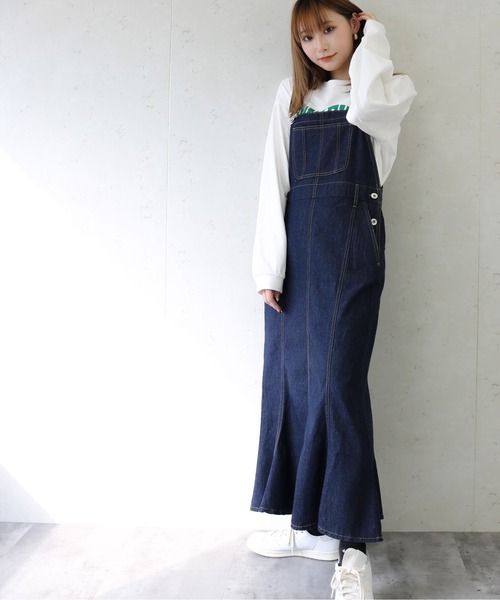 Per sist ence(パーシエンス)の「Per sist ence/パーシエンス ツイル&デニムマーメイドジャンパースカート(ジャンパースカート・レディース・アイボリー/ダークインディゴブルー/ベージュ/インディゴブルー/カーキ/グレー・FREE)」の6枚目の写真