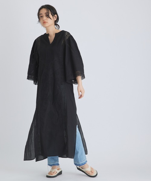 【Sara mallika】COTTON DOT JACQUARD DIAMOND LACE MIX DRESS