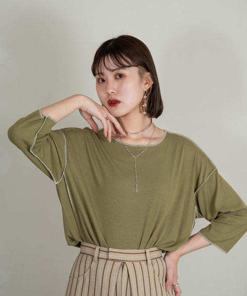 Amiur(エミレ)の「stitch color soft touch tops(Tシャツ/カットソー・レディース・ライトグレー/グリーン/ブラウン・FREE)」の11枚目の写真