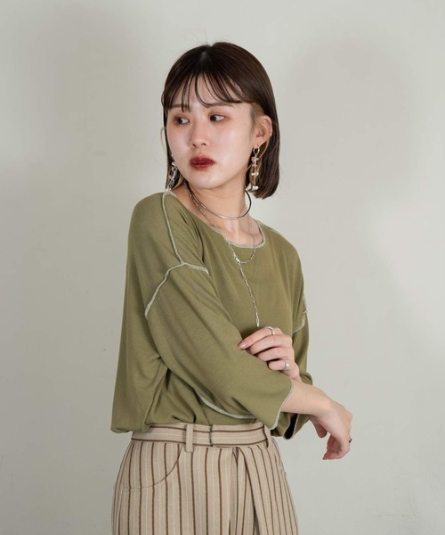 Amiur(エミレ)の「stitch color soft touch tops(Tシャツ/カットソー・レディース・ライトグレー/グリーン/ブラウン・FREE)」の10枚目の写真