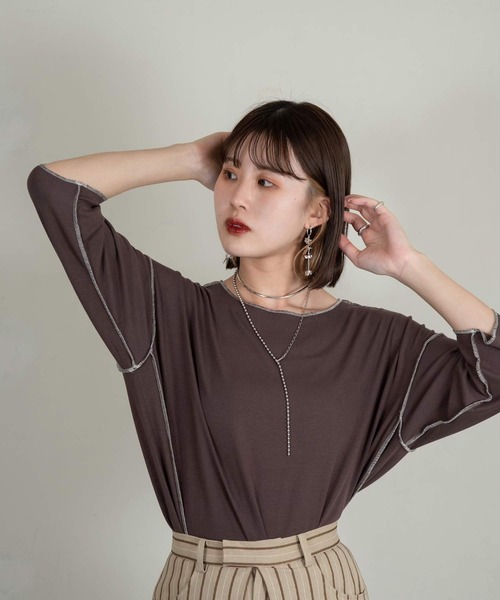 Amiur(エミレ)の「stitch color soft touch tops(Tシャツ/カットソー・レディース・ライトグレー/グリーン/ブラウン・FREE)」の6枚目の写真