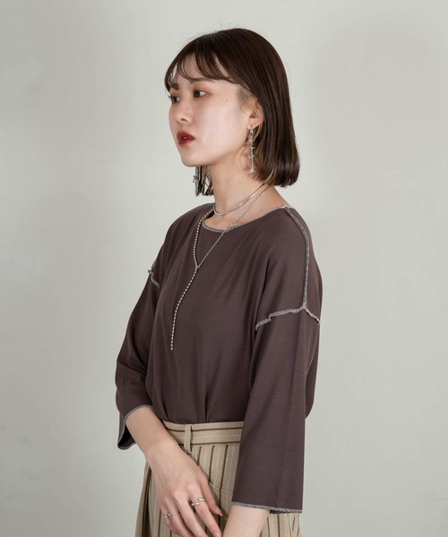 Amiur(エミレ)の「stitch color soft touch tops(Tシャツ/カットソー・レディース・ライトグレー/グリーン/ブラウン・FREE)」の7枚目の写真