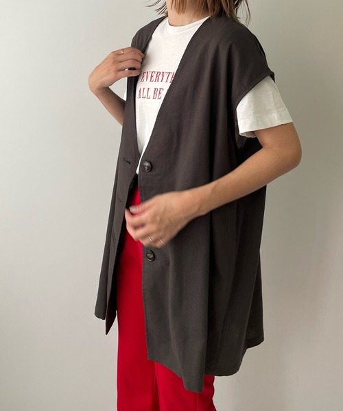 LE MORE（リモア）の「リネンノーカラージレ（ベスト・レディース・ブラック/カーキ/アイボリー・FREE）」の19枚目の写真