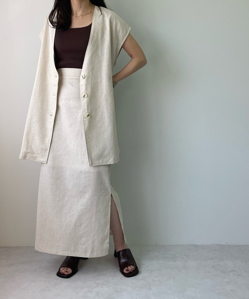 LE MORE（リモア）の「リネンノーカラージレ（ベスト・レディース・ブラック/カーキ/アイボリー・FREE）」の6枚目の写真