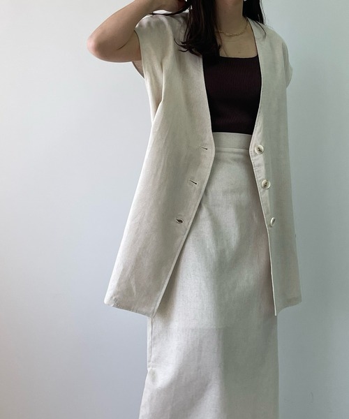 LE MORE（リモア）の「リネンノーカラージレ（ベスト・レディース・ブラック/カーキ/アイボリー・FREE）」の4枚目の写真