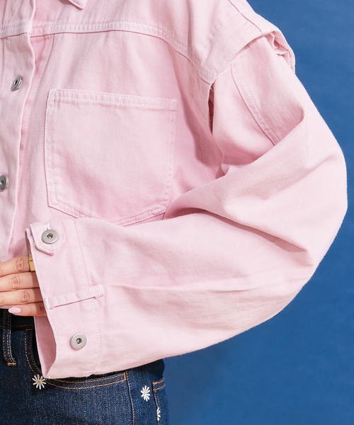 HELLO.SANFRANCISCO（ハローサンフランシスコ）の「【HELLO.SANFRANCISCO】カットアウトカラーショートジャケット（デニムジャケット・レディース・ピンク/オレンジ/グリーン・ONE SIZE）」の8枚目の写真