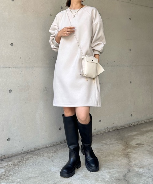 DouDou（ドゥドゥ）の「袖リブチュニックワンピース（チュニック・レディース・ブラック/オフホワイト/モカ・FREE）」の2枚目の写真