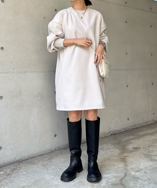 DouDou（ドゥドゥ）の「袖リブチュニックワンピース（チュニック・レディース・ブラック/オフホワイト/モカ・FREE）」の4枚目の写真