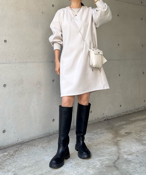 DouDou（ドゥドゥ）の「袖リブチュニックワンピース（チュニック・レディース・ブラック/オフホワイト/モカ・FREE）」の6枚目の写真