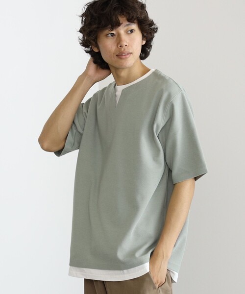 BEAMS HEART(ビームスハート)の「BEAMS HEART / スリットネック フェイクレイヤー ワッフル Tシャツ(ユニセックス)(Tシャツ/カットソー・メンズ・ベージュ/グリーン系その他/ブルー系その他・SMALL/MEDIUM/LARGE/X-LARGE)」の3枚目の写真