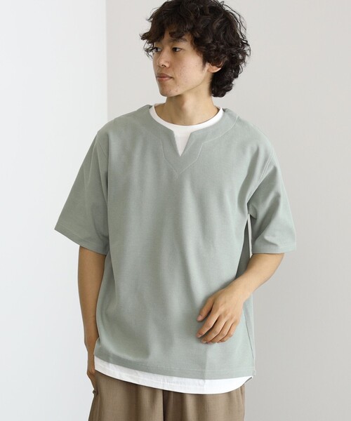 BEAMS HEART(ビームスハート)の「BEAMS HEART / スリットネック フェイクレイヤー ワッフル Tシャツ(ユニセックス)(Tシャツ/カットソー・メンズ・ベージュ/グリーン系その他/ブルー系その他・SMALL/MEDIUM/LARGE/X-LARGE)」の9枚目の写真