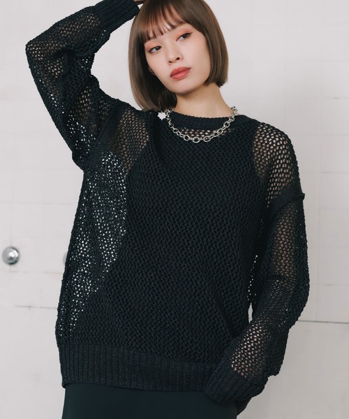ESLOW(エスロー)の「▲ESLOW/エスロー MESH SWEATR メッシュセーター メッシュトップス(ニット/セーター・レディース・ブラック/ホワイト・FREE)」の14枚目の写真