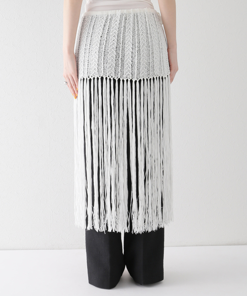 Bonum（ボナム）の「フリンジラップニットスカート / Fringe wrap knit skirt（スカート・レディース・チャコールグレー/ホワイト・FREE）」の5枚目の写真