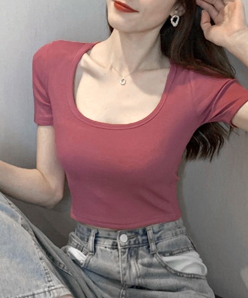 Riff（リフ）の「UネックカラーT（Tシャツ/カットソー・レディース・ブラック/ブルーグリーン/グレー/ピンク/オフホワイト/マスタード・M）」の6枚目の写真