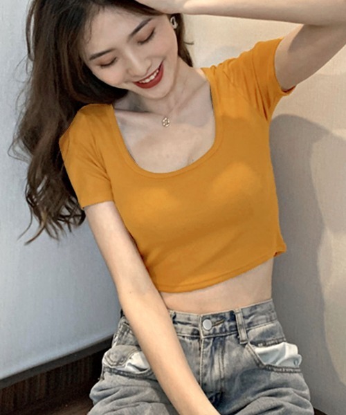 Riff（リフ）の「UネックカラーT（Tシャツ/カットソー・レディース・ブラック/ブルーグリーン/グレー/ピンク/オフホワイト/マスタード・M）」の5枚目の写真