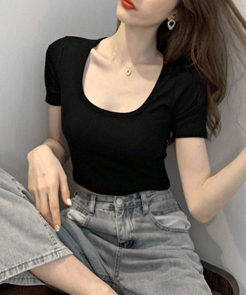 Riff（リフ）の「UネックカラーT（Tシャツ/カットソー・レディース・ブラック/ブルーグリーン/グレー/ピンク/オフホワイト/マスタード・M）」の2枚目の写真