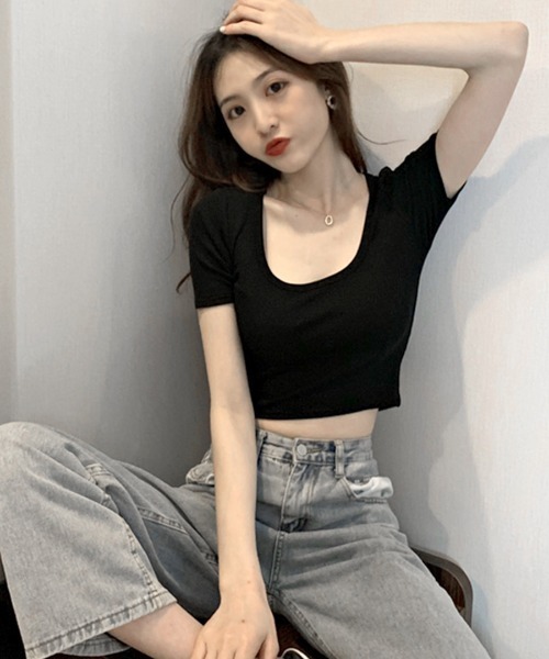 Riff（リフ）の「UネックカラーT（Tシャツ/カットソー・レディース・ブラック/ブルーグリーン/グレー/ピンク/オフホワイト/マスタード・M）」の18枚目の写真