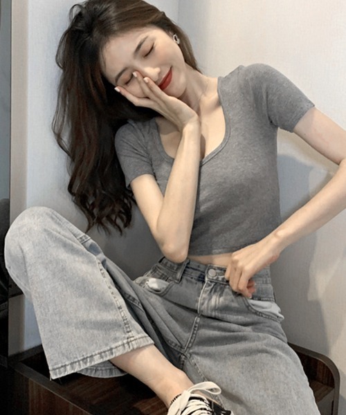 Riff（リフ）の「UネックカラーT（Tシャツ/カットソー・レディース・ブラック/ブルーグリーン/グレー/ピンク/オフホワイト/マスタード・M）」の17枚目の写真