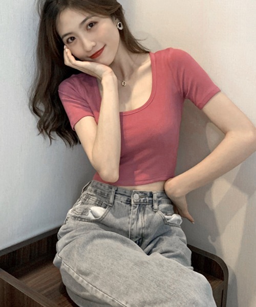 Riff（リフ）の「UネックカラーT（Tシャツ/カットソー・レディース・ブラック/ブルーグリーン/グレー/ピンク/オフホワイト/マスタード・M）」の15枚目の写真