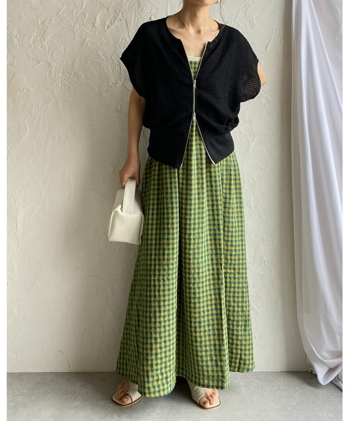 She's Closet(シーズクローゼット)の「透かし編みショート丈フレンチスリーブダブルジップアップメッシュニットカーディガン(カーディガン/ボレロ・レディース・ブラック/オフホワイト/ライム/ブルー・FREE)」の13枚目の写真