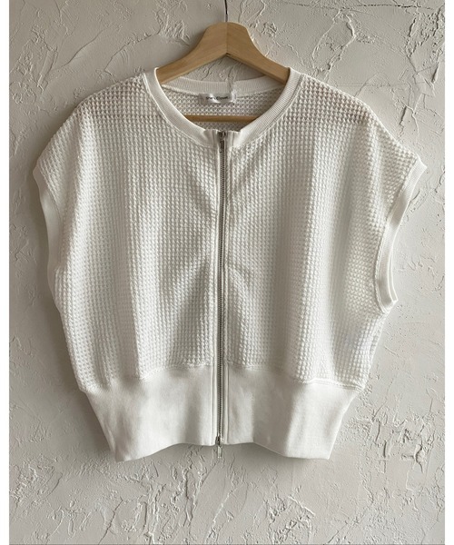 She's Closet(シーズクローゼット)の「透かし編みショート丈フレンチスリーブダブルジップアップメッシュニットカーディガン(カーディガン/ボレロ・レディース・ブラック/オフホワイト/ライム/ブルー・FREE)」の9枚目の写真
