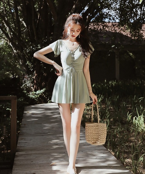 セール】【インナーパンツ付き】編み上げデザインワンピース水着（水着