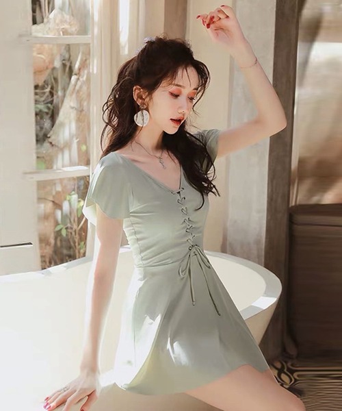 セール】【インナーパンツ付き】編み上げデザインワンピース水着（水着