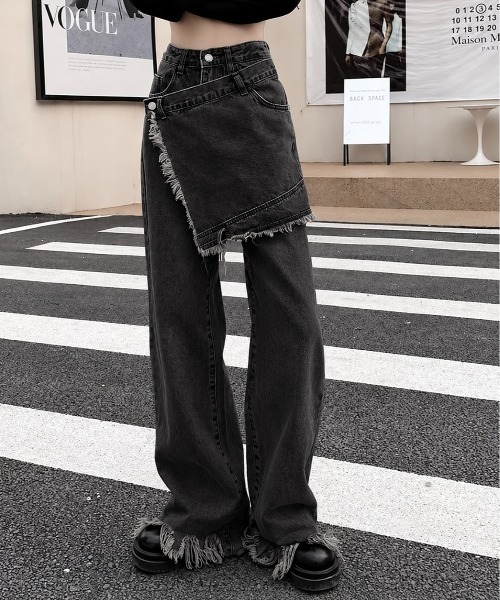 Sibra(シブラ)の「テーラードフリンジデニムパンツ(デニムパンツ・レディース・サックスブルー/ブラック・L/M/S)」の2枚目の写真