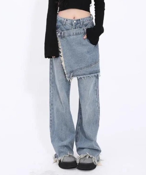 Sibra（シブラ）の「テーラードフリンジデニムパンツ（デニムパンツ・レディース・サックスブルー/ブラック・L/M/S）」の3枚目の写真