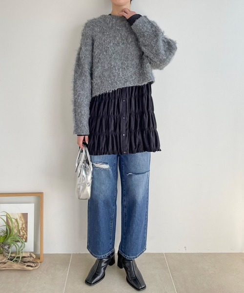 LOWRYS FARM シャーリングチュニックフレンチスリーブ　ブラック シャーリングチュニックフレンチスリーブ 581468（シャツ